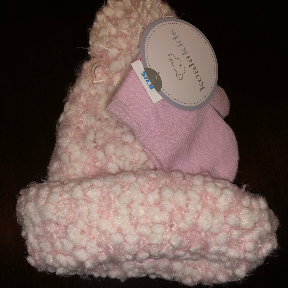 Girls pink winter hat and matching mittens